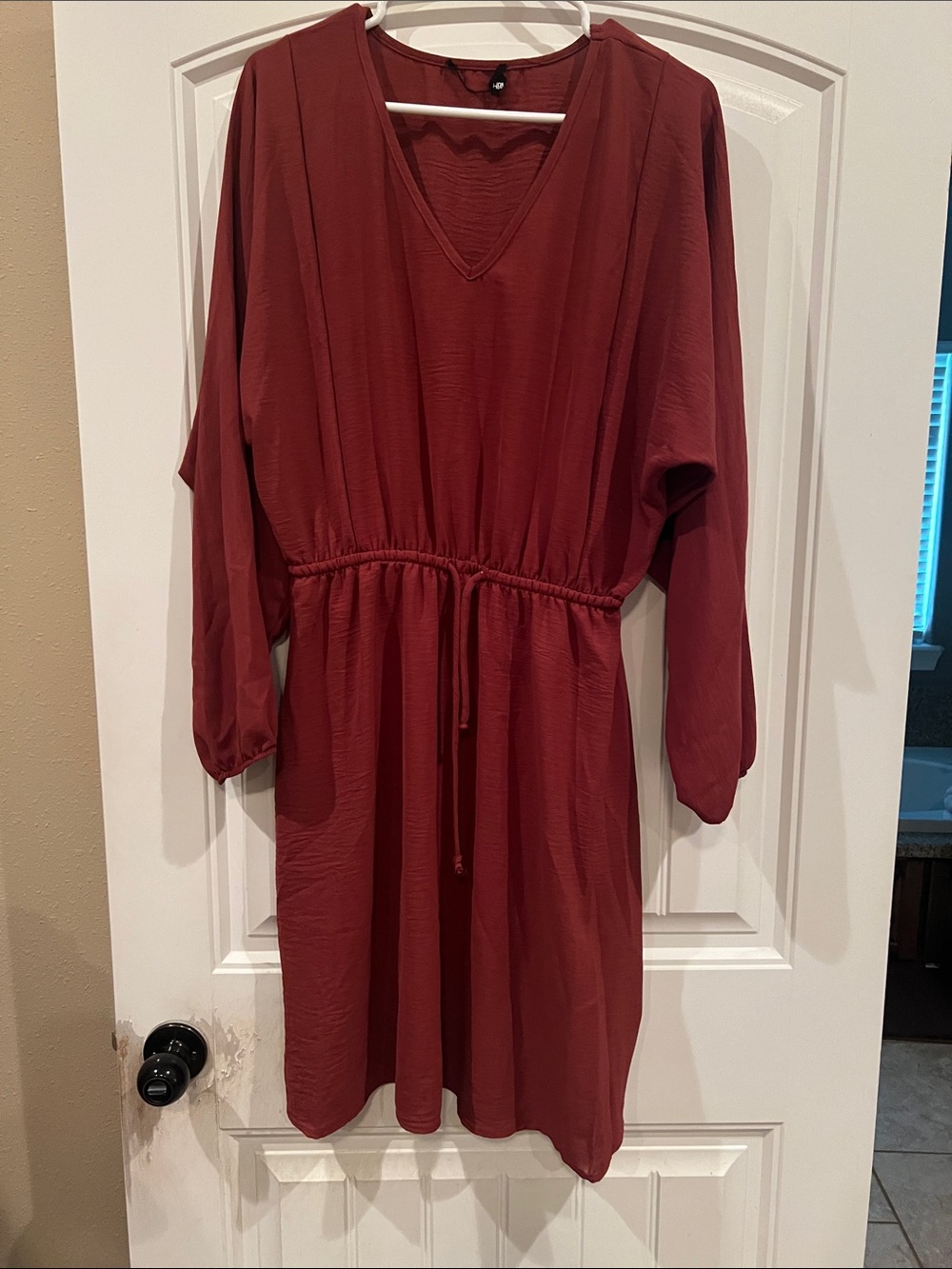 HEIMISH USA Rust Red V-Neck Long Sleeve Drawstring Dress